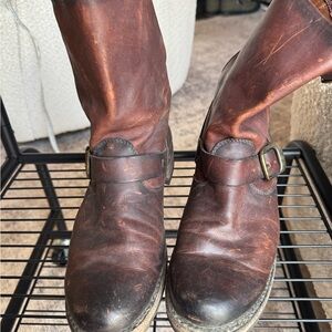 Frye Brown Leather Buckle Strap Moto Boots